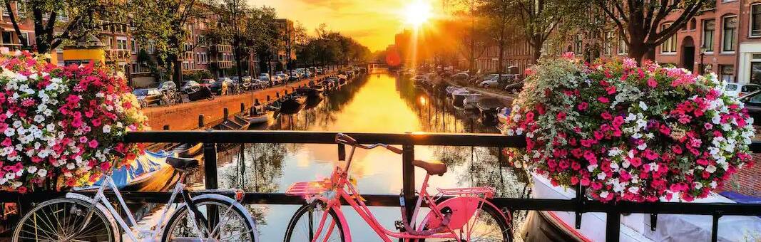 View of the canal in Amsterdam at sunset